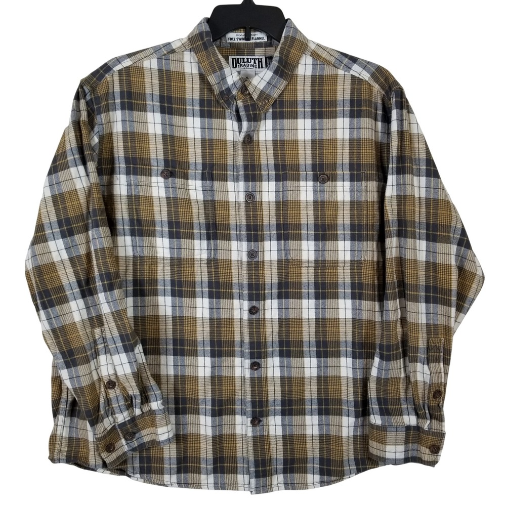 Duluth Trading Mens XL Relaxed Fit Free Swing Flannel Shirt Brown Plaid Cotton